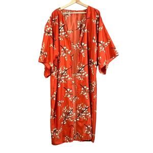 Last Lust Fifi Kay Red Floral Lily Valley Satin Kimono Robe Women's One Size